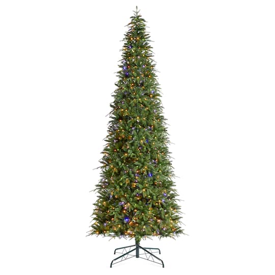 Glitzhome® 11ft Pre-Lit Green Slim Fir Artificial Christmas Tree, Multicolor LED Lights | 67" x 67" x 132" | Michaels®